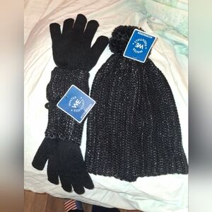 Essentials Black Knit Hat and Gloves Set